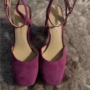 Jessica Simpson Fuchsia Suede Square-Toe Ankle-Strap Block Heels